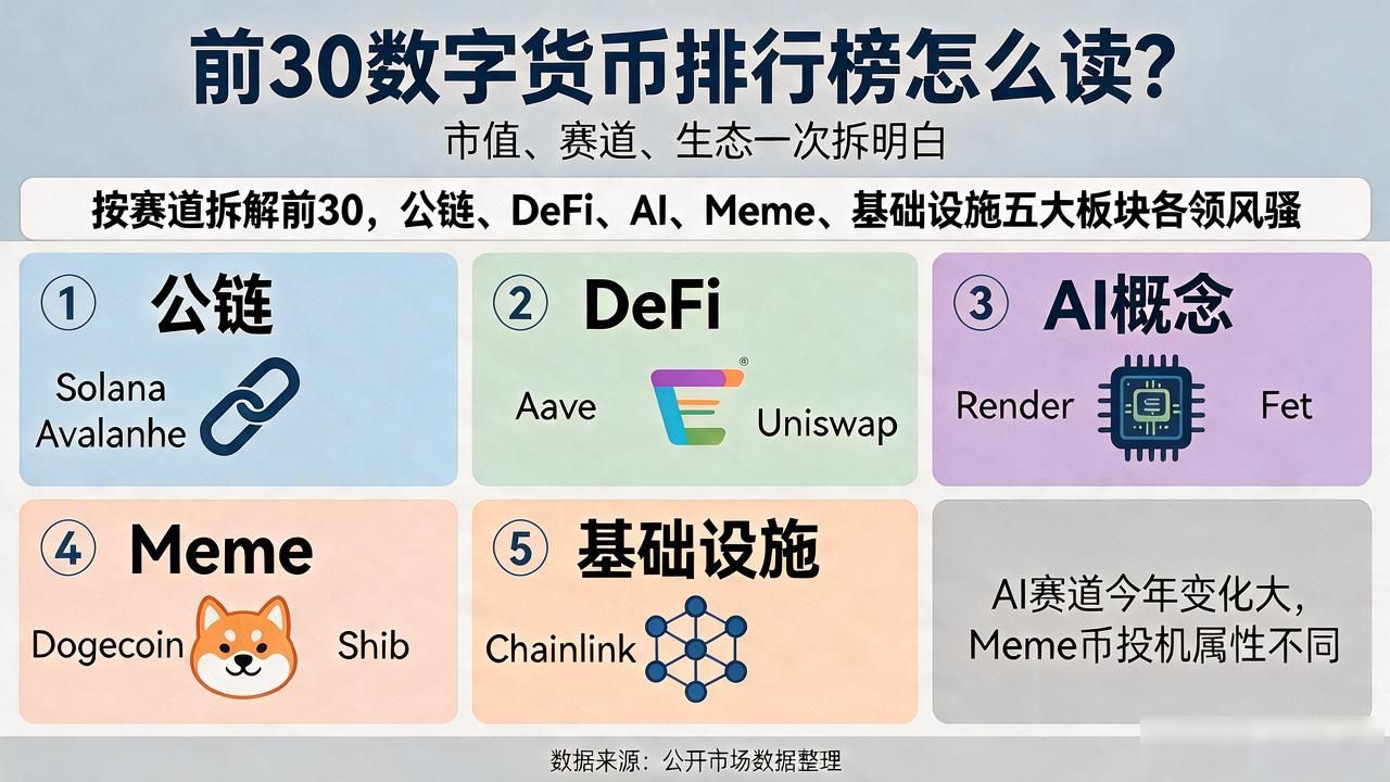 前30数字货币排行榜怎么读？市值、赛道、生态一次拆明白