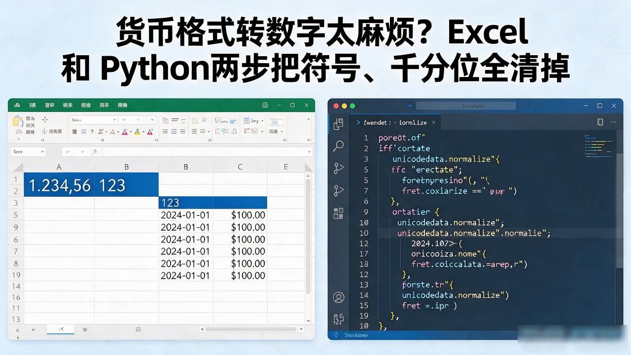 货币格式转数字太麻烦？Excel和Python两步把符号、千分位全清掉